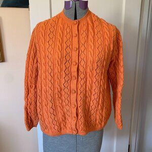 VTG Handknit Cardigan Wool XL Orange Cable Boxy Covered Buttons Granny Cozycore
